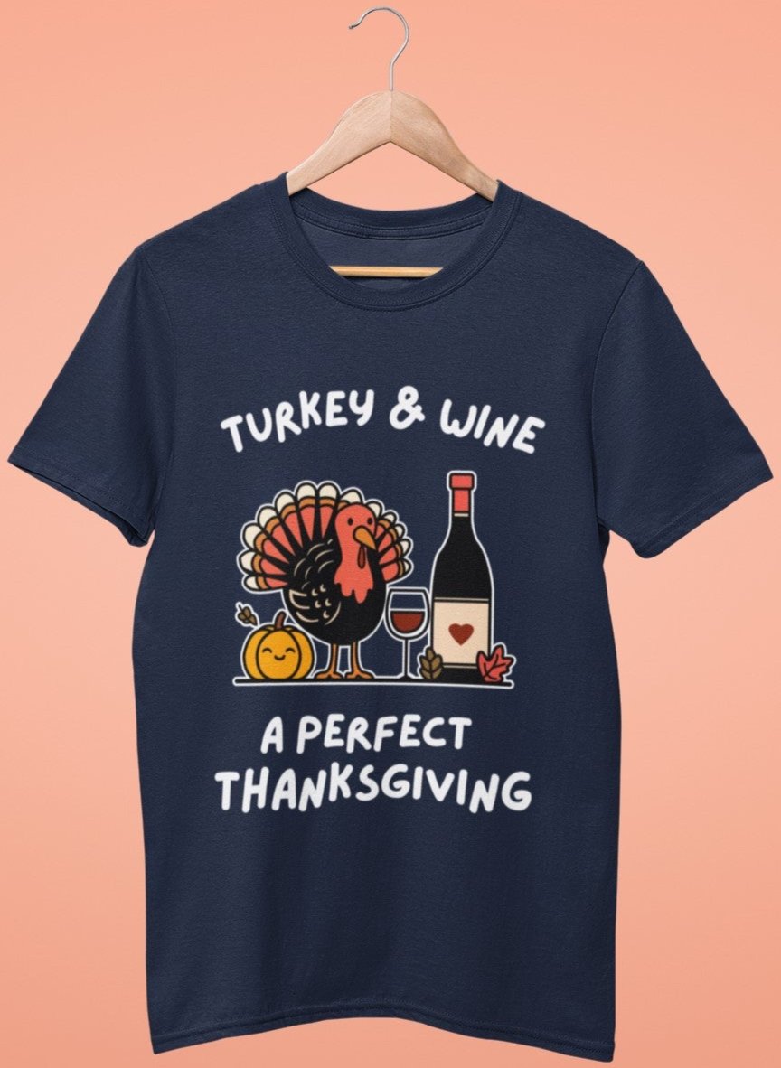 funny thanksgiving t shirt turkey and wine a perfect thanksgiving navy blue color
