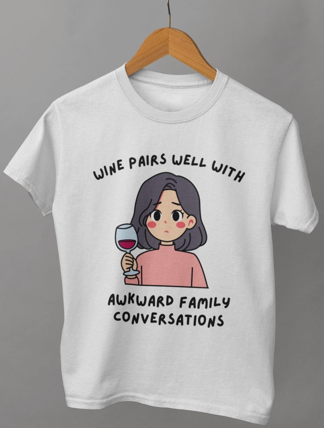 funny thanksgiving t shirt wine pairs well with awkward family conversations ash grey color