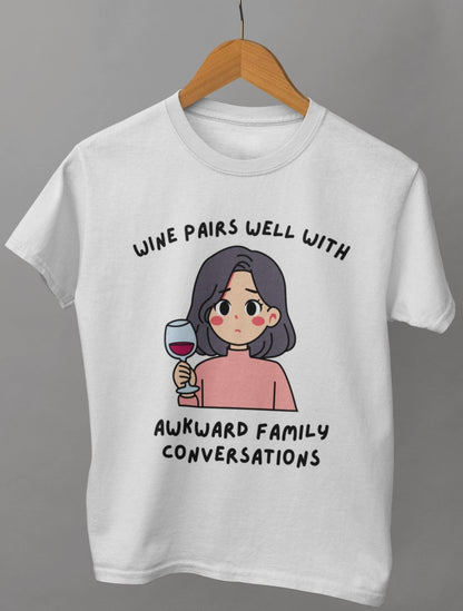 funny thanksgiving t shirt wine pairs well with awkward family conversations ash grey color