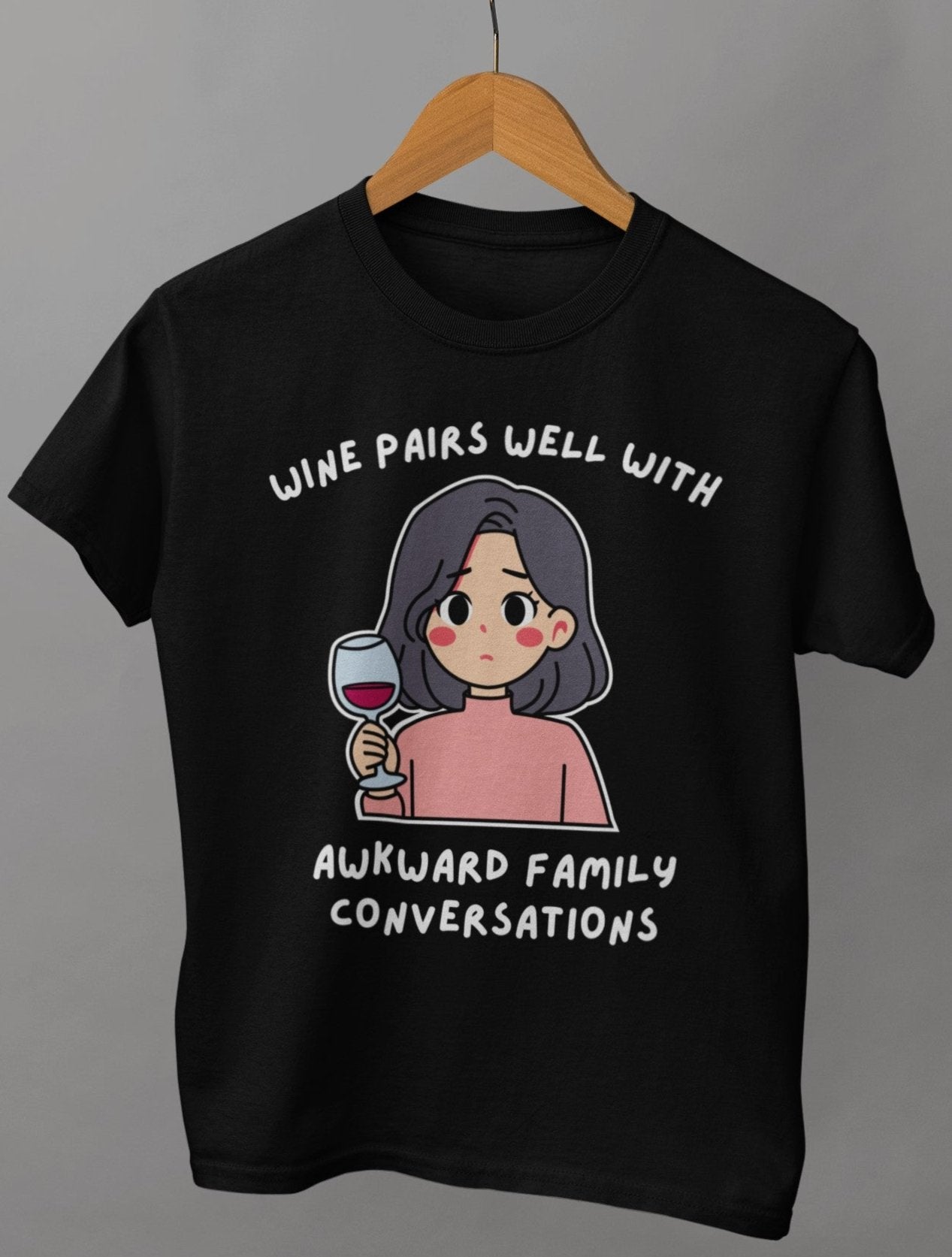 funny thanksgiving t shirt wine pairs well with awkward family conversations black color
