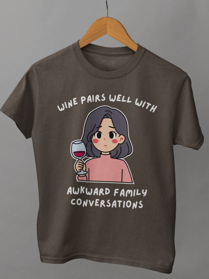 funny thanksgiving t shirt wine pairs well with awkward family conversations brown color