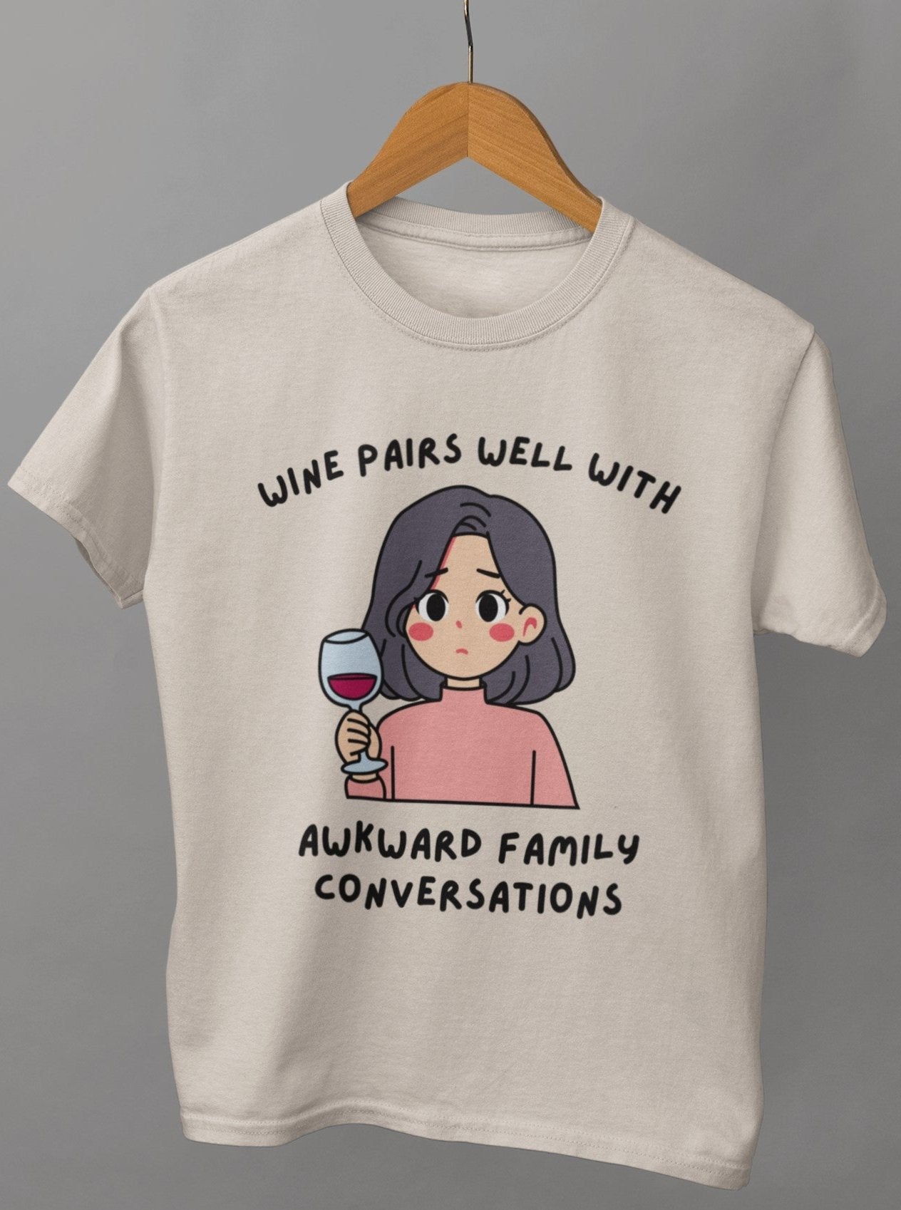funny thanksgiving t shirt wine pairs well with awkward family conversations natural color