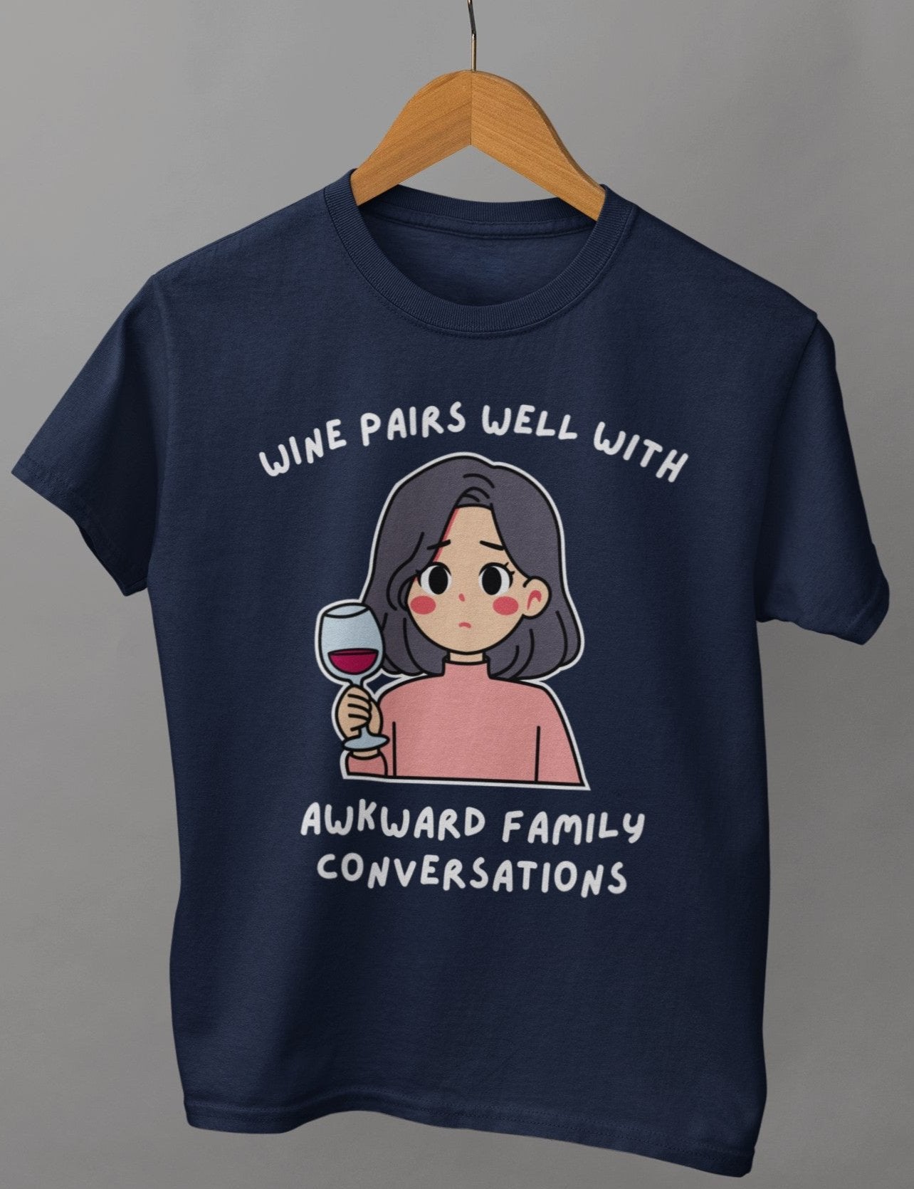 funny thanksgiving t shirt wine pairs well with awkward family conversations navy blue color