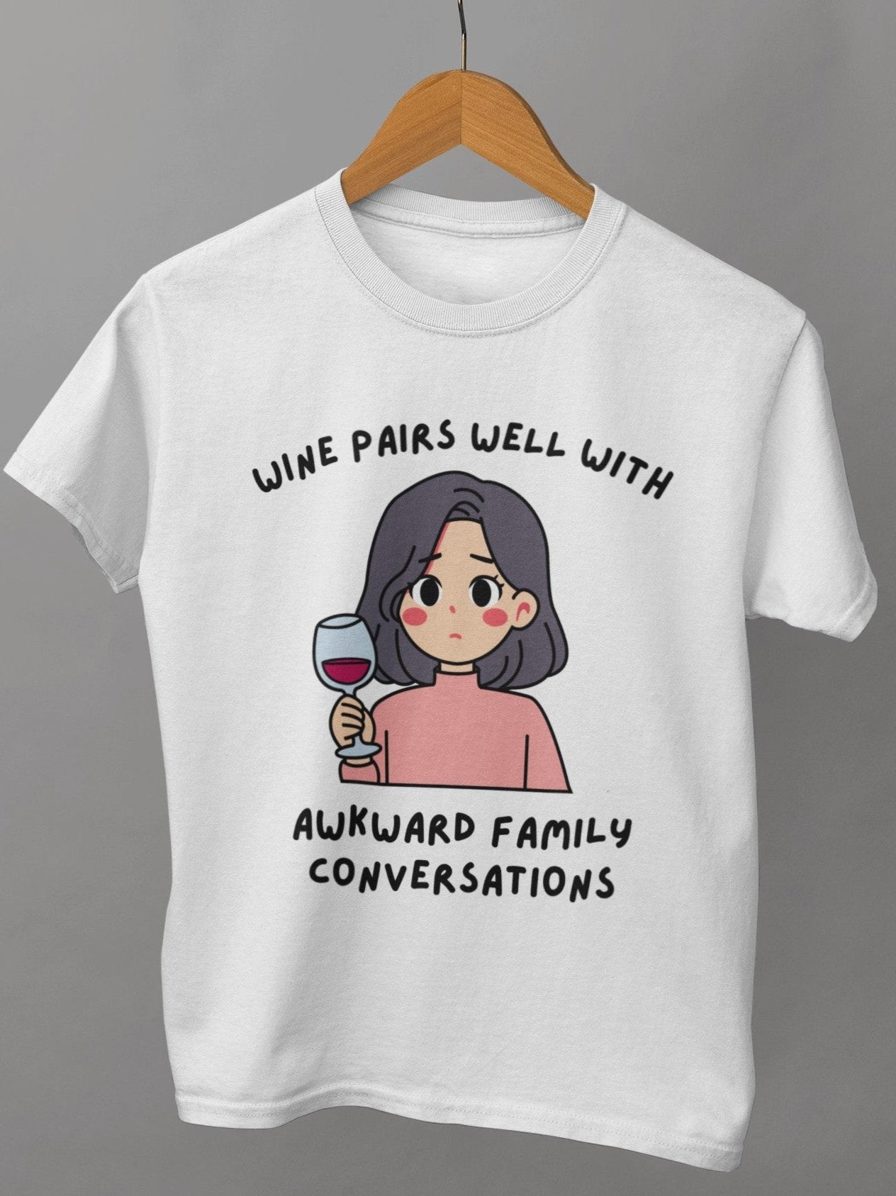 funny thanksgiving t shirt wine pairs well with awkward family conversations white color