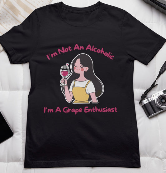 ladies funny wine shirts i am not an alcoholic i am a grape enthusiast black color