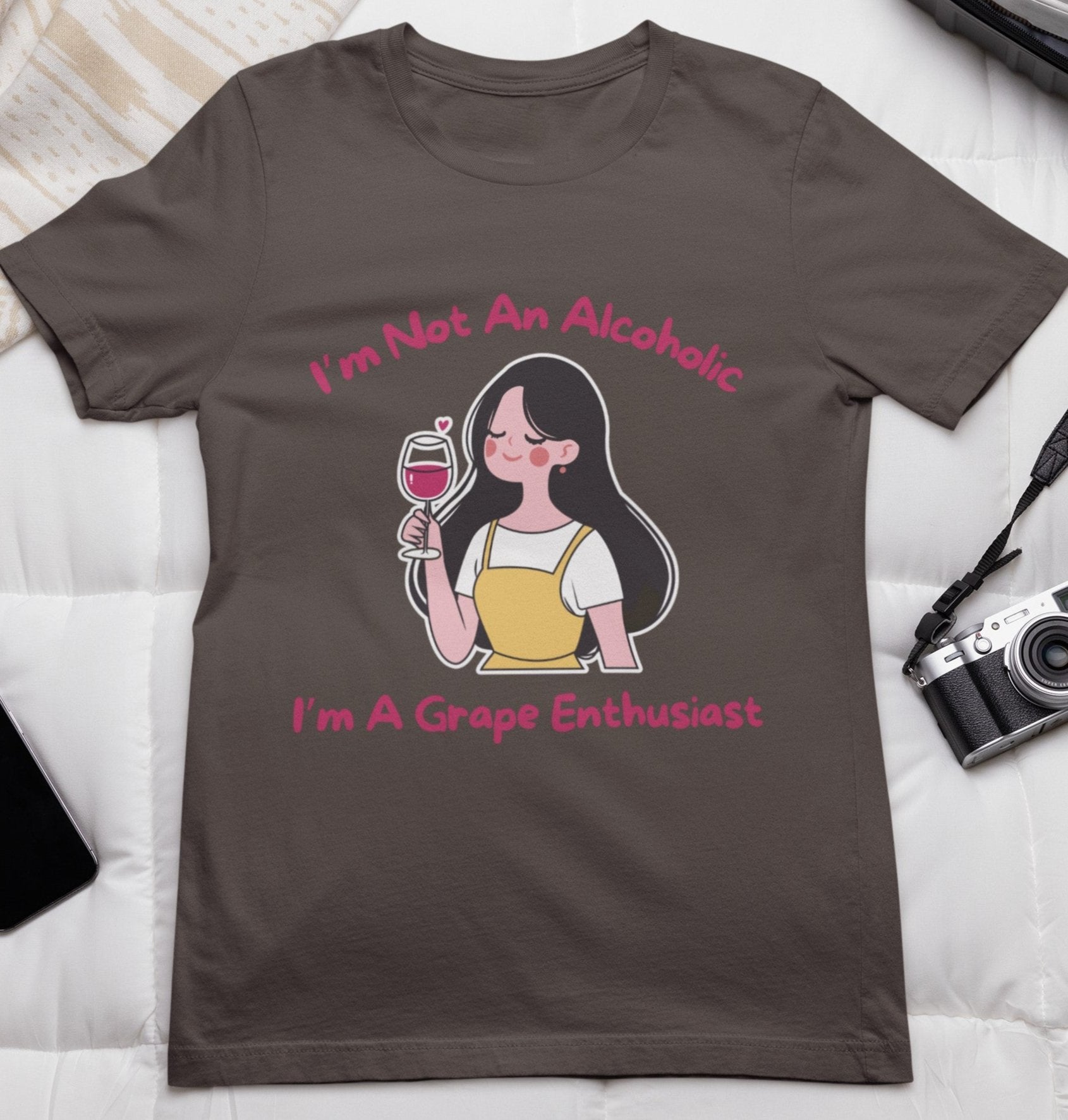 ladies funny wine shirts i am not an alcoholic i am a grape enthusiast brown color