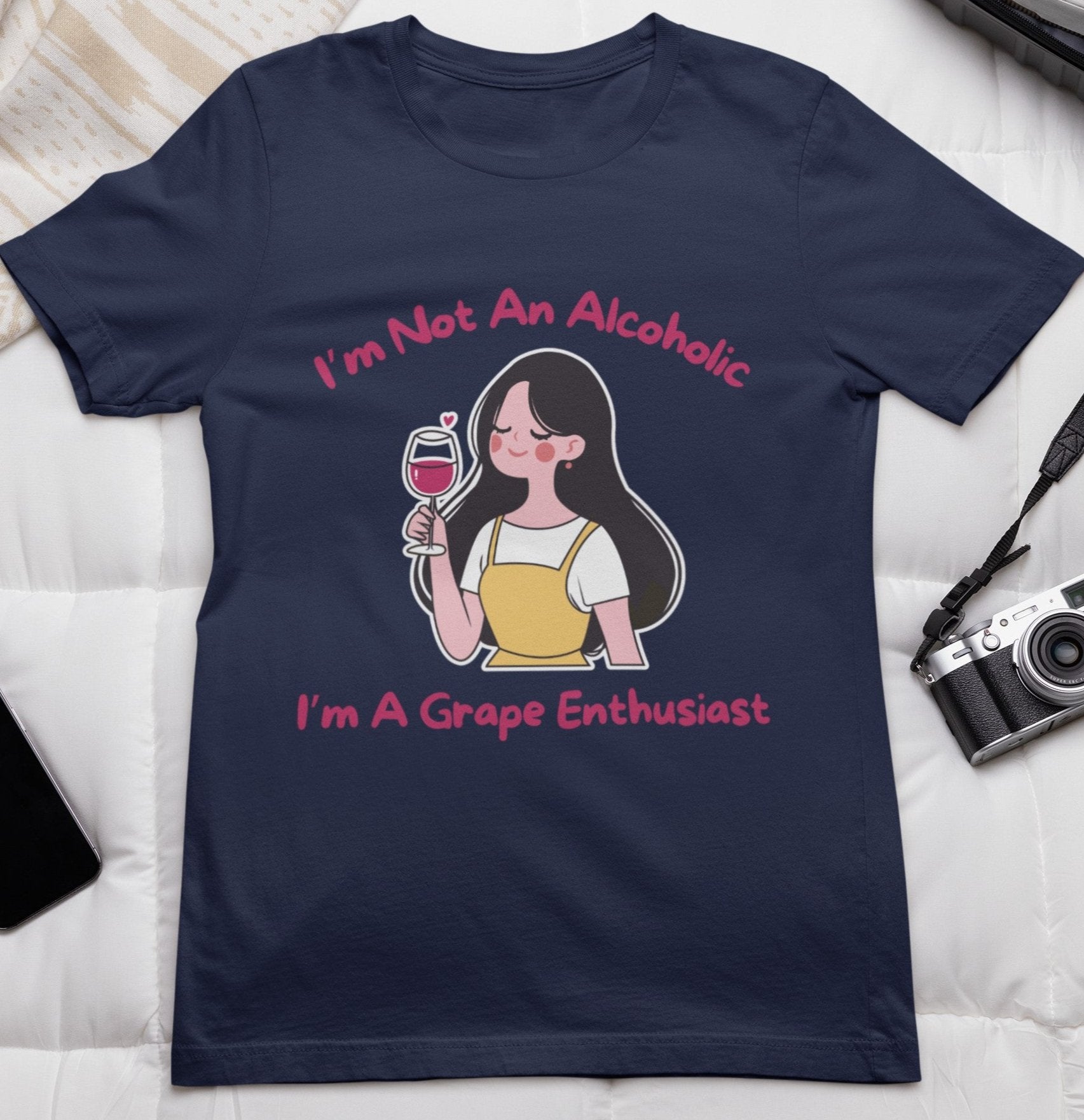 ladies funny wine shirts i am not an alcoholic i am a grape enthusiast navy blue color