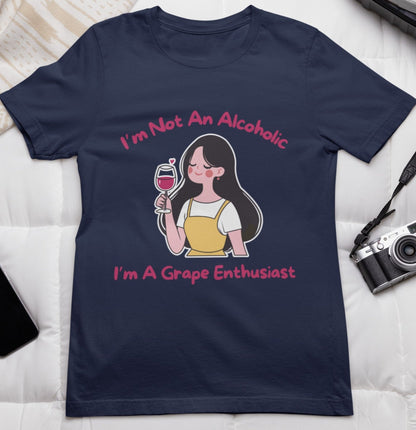 ladies funny wine shirts i am not an alcoholic i am a grape enthusiast navy blue color