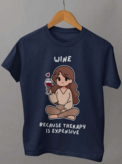 ladies funny wine shirts wine because therapy is expensive navy blue color